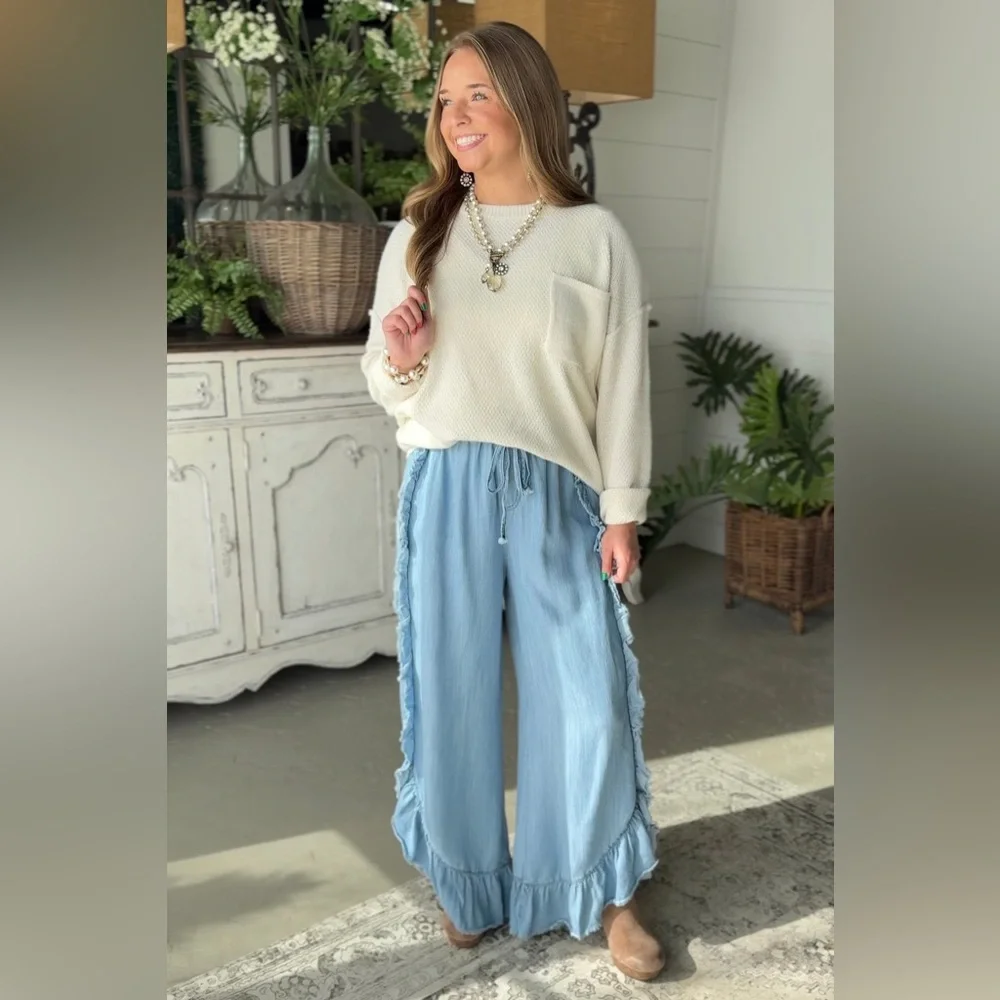 Easel light blue chambray denim wide leg elastic waist pull on pants size Large - Picture 11 of 13